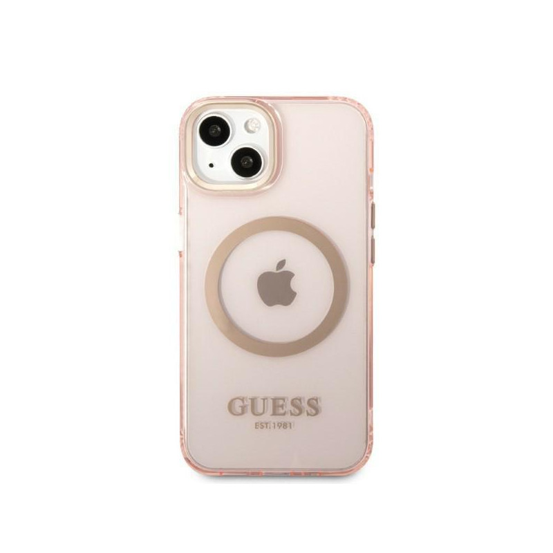 Guess Gold Outline permatomas MagSafe dėklas iPhone 13 - rožinis