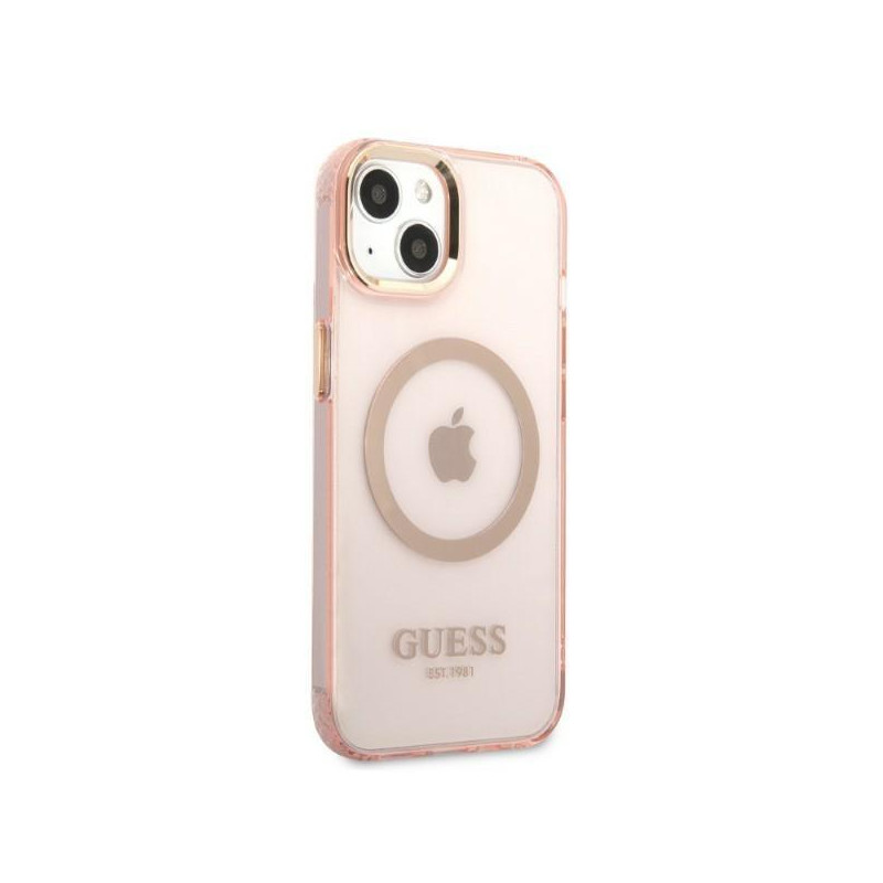 Guess Gold Outline permatomas MagSafe dėklas iPhone 13 - rožinis