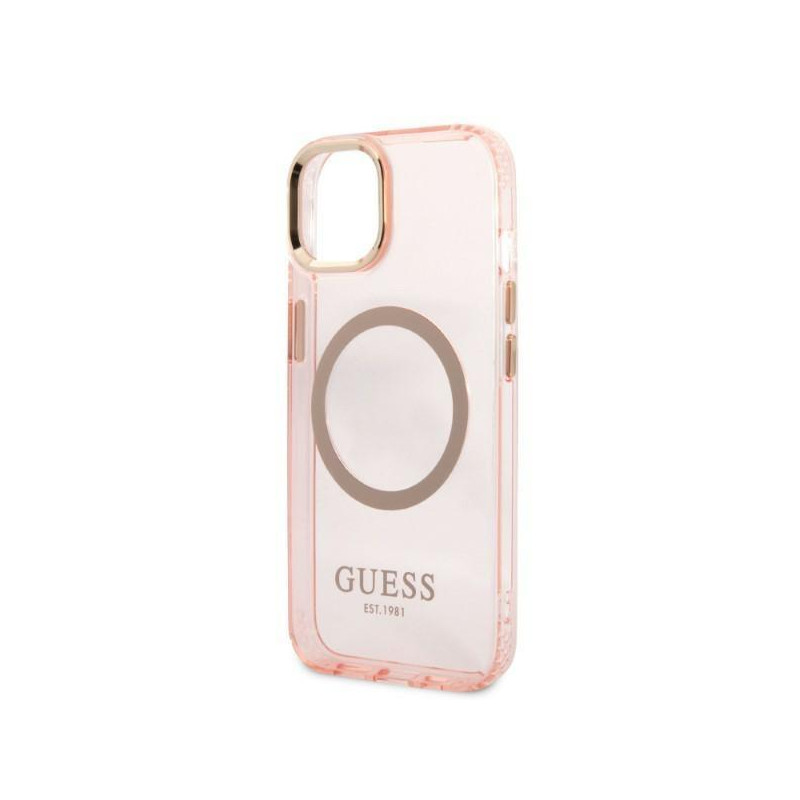 Guess Gold Outline permatomas MagSafe dėklas iPhone 13 - rožinis