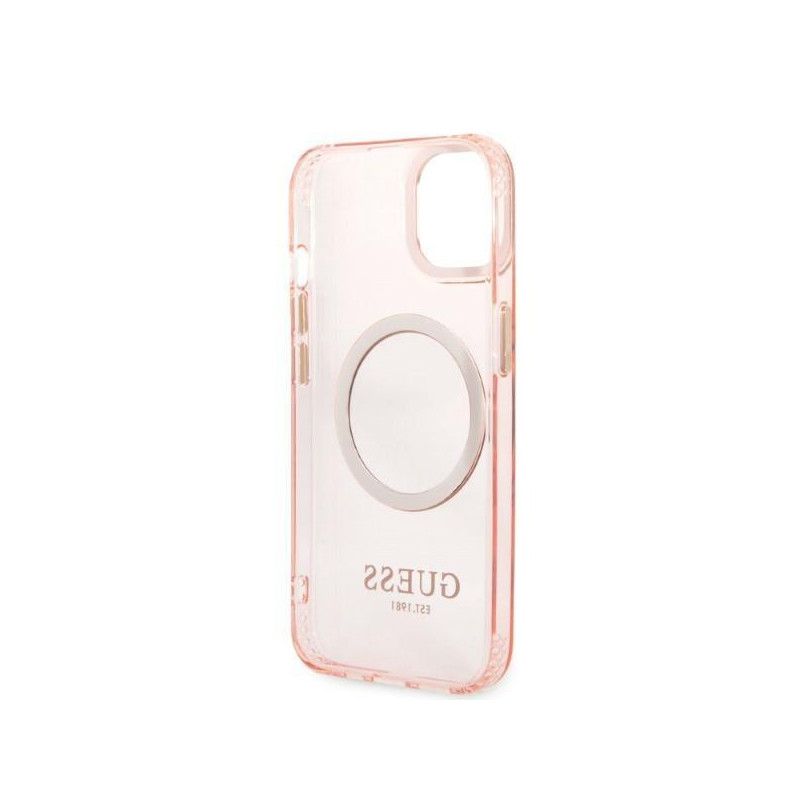 Guess Gold Outline permatomas MagSafe dėklas iPhone 13 - rožinis