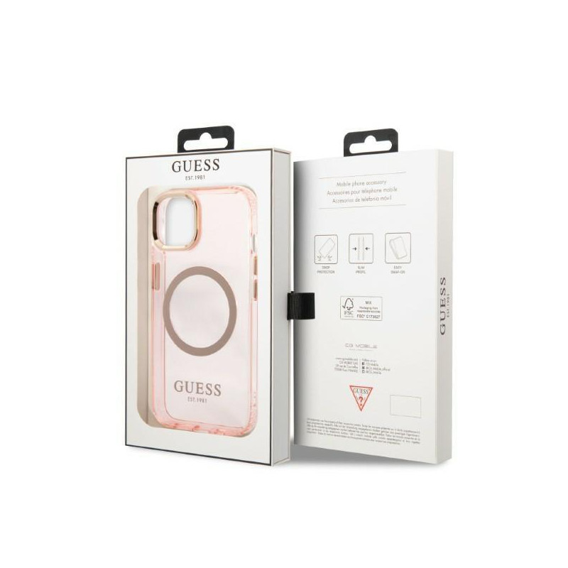 Guess Gold Outline permatomas MagSafe dėklas iPhone 13 - rožinis