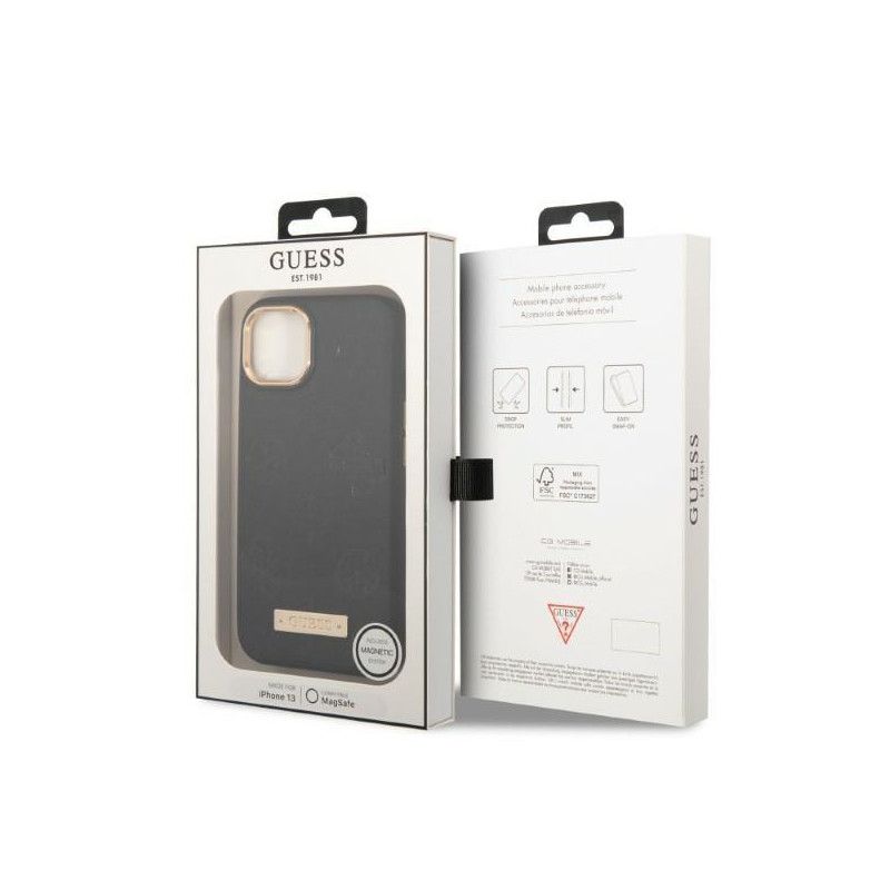 Guess Peony Logo Plate MagSafe dėklas iPhone 13 - juodas