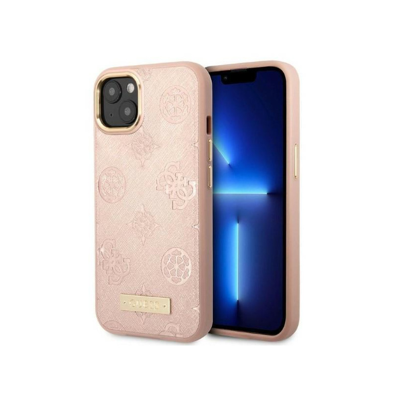 Guess Peony Logo Plate MagSafe dėklas iPhone 13 - rožinis