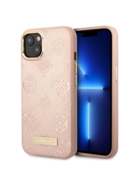Guess Peony Logo Plate MagSafe dėklas iPhone 13 - rožinis