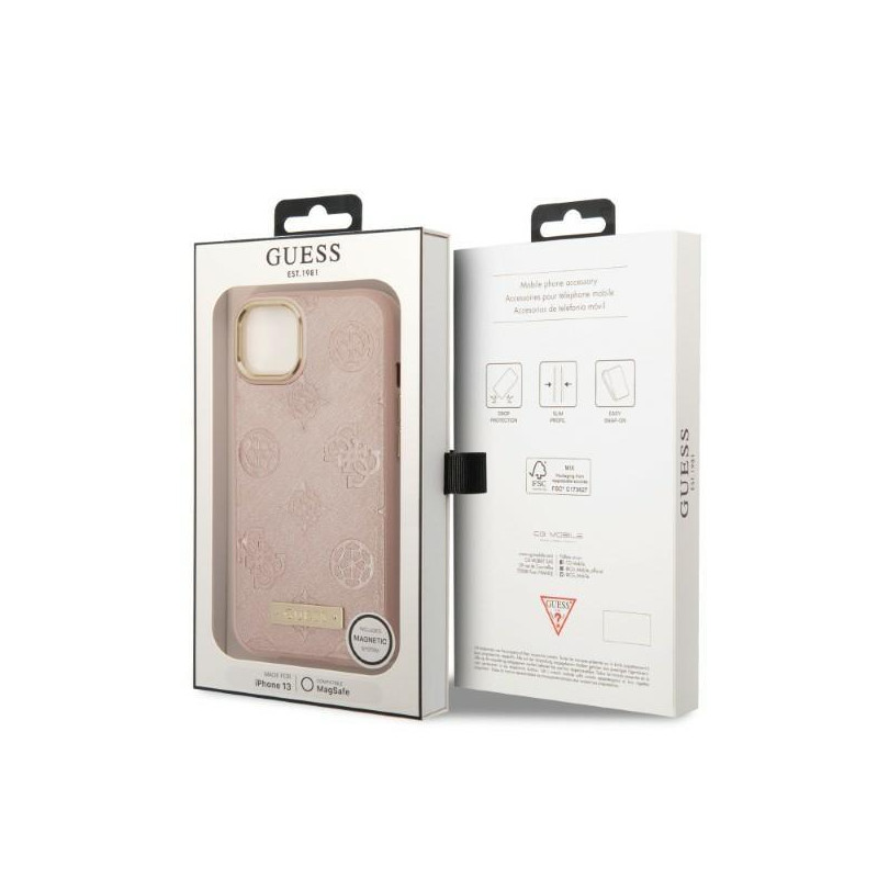 Guess Peony Logo Plate MagSafe dėklas iPhone 13 - rožinis