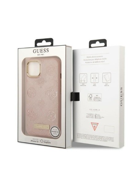 Guess Peony Logo Plate MagSafe dėklas iPhone 13 - rožinis
