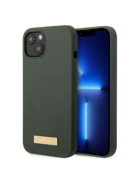 Guess Silicone Logo Plate MagSafe dėklas iPhone 13 - žalias