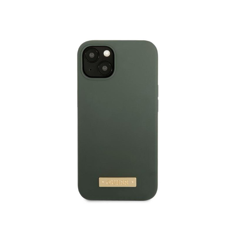 Guess Silicone Logo Plate MagSafe dėklas iPhone 13 - žalias