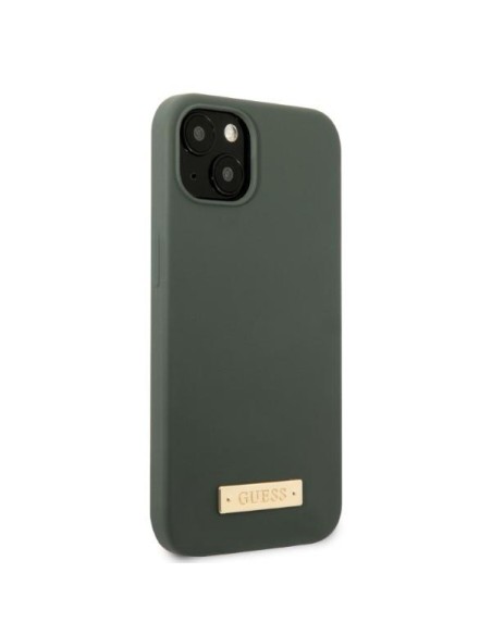 Guess Silicone Logo Plate MagSafe dėklas iPhone 13 - žalias