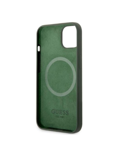 Guess Silicone Logo Plate MagSafe dėklas iPhone 13 - žalias