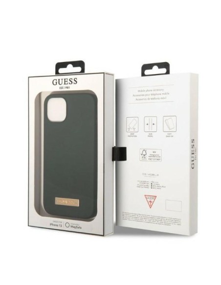 Guess Silicone Logo Plate MagSafe dėklas iPhone 13 - žalias