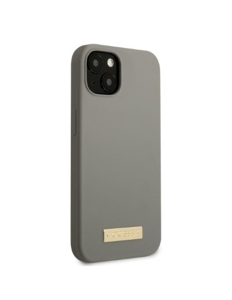 Guess Silicone Logo Plate MagSafe dėklas iPhone 13 - pilkas Guess Silicone Logo Plate MagSafe dėklas iPhone 13 - pilkas