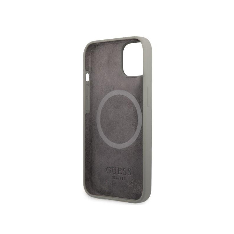 Guess Silicone Logo Plate MagSafe dėklas iPhone 13 - pilkas
