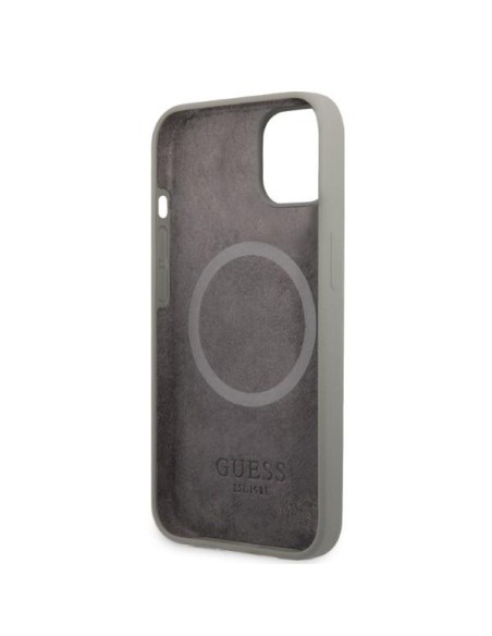 Guess Silicone Logo Plate MagSafe dėklas iPhone 13 - pilkas Guess Silicone Logo Plate MagSafe dėklas iPhone 13 - pilkas