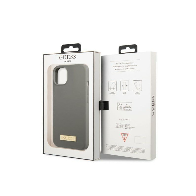 Guess Silicone Logo Plate MagSafe dėklas iPhone 13 - pilkas