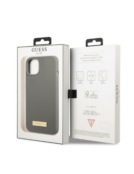 Guess Silicone Logo Plate MagSafe dėklas iPhone 13 - pilkas Guess Silicone Logo Plate MagSafe dėklas iPhone 13 - pilkas