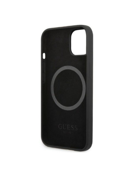 Guess Silicone Logo Plate MagSafe dėklas iPhone 13 - juodas Guess Silicone Logo Plate MagSafe dėklas iPhone 13 - juodas