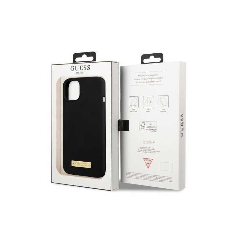 Guess Silicone Logo Plate MagSafe dėklas iPhone 13 - juodas