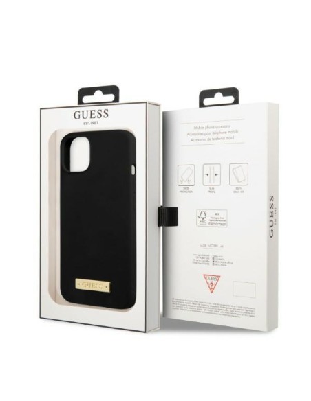 Guess Silicone Logo Plate MagSafe dėklas iPhone 13 - juodas Guess Silicone Logo Plate MagSafe dėklas iPhone 13 - juodas