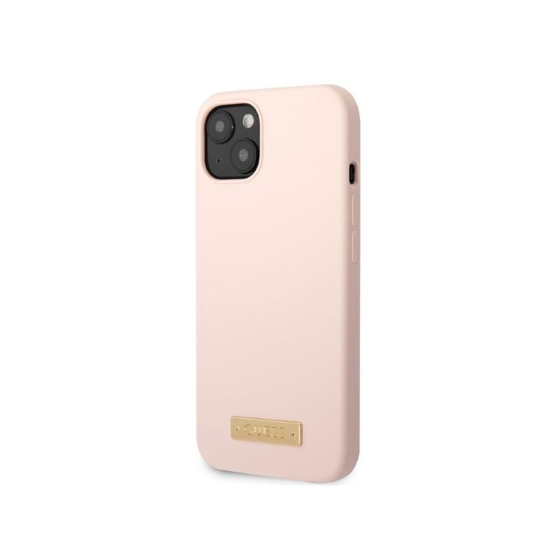 Guess Silicone Logo Plate MagSafe dėklas iPhone 13 mini - rožinis