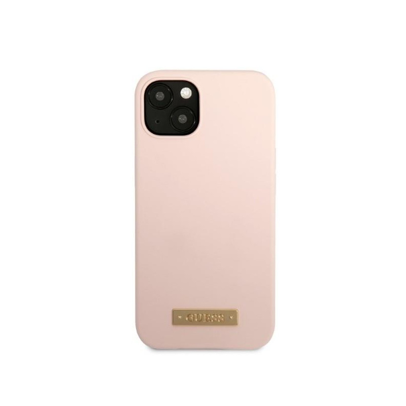 Guess Silicone Logo Plate MagSafe dėklas iPhone 13 mini - rožinis
