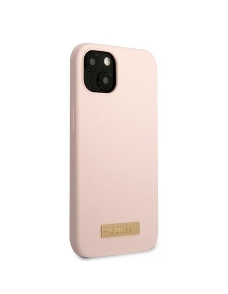 Guess Silicone Logo Plate MagSafe dėklas iPhone 13 mini - rožinis Guess Silicone Logo Plate MagSafe dėklas iPhone 13 mini - rožinis