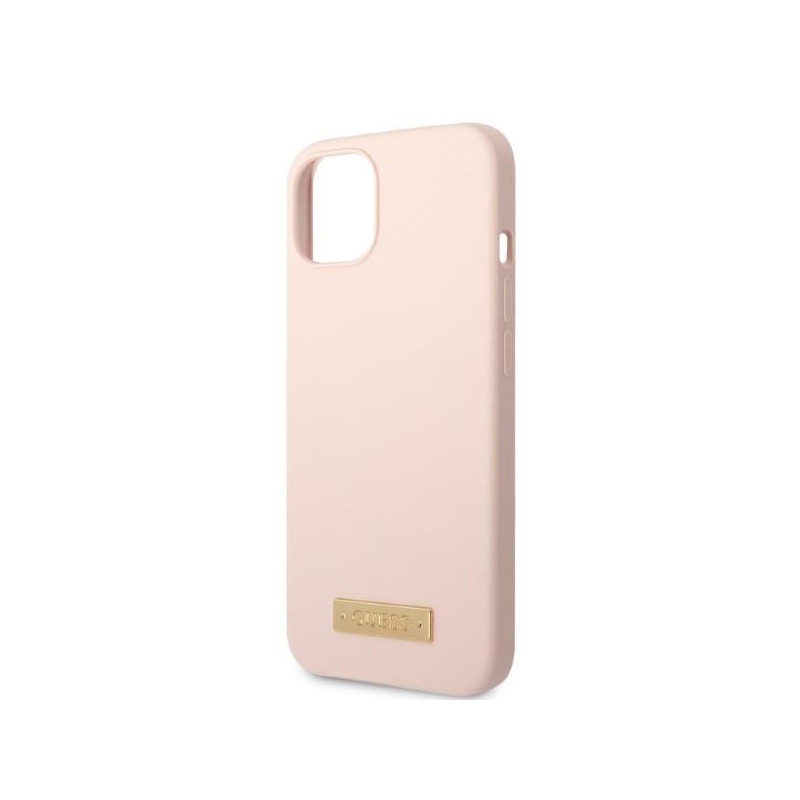 Guess Silicone Logo Plate MagSafe dėklas iPhone 13 mini - rožinis