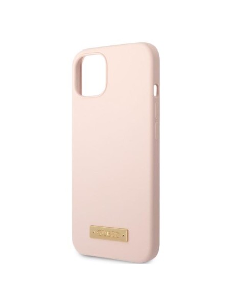 Guess Silicone Logo Plate MagSafe dėklas iPhone 13 mini - rožinis Guess Silicone Logo Plate MagSafe dėklas iPhone 13 mini - rožinis