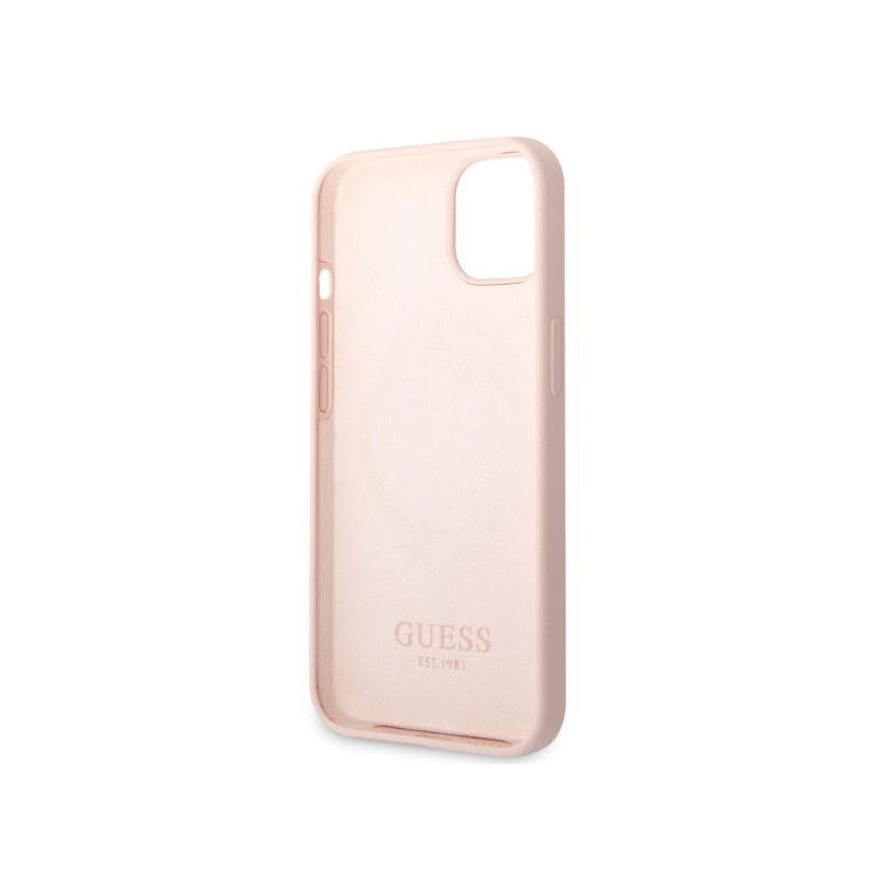 Guess Silicone Logo Plate MagSafe dėklas iPhone 13 mini - rožinis