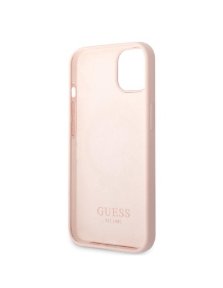 Guess Silicone Logo Plate MagSafe dėklas iPhone 13 mini - rožinis Guess Silicone Logo Plate MagSafe dėklas iPhone 13 mini - rožinis