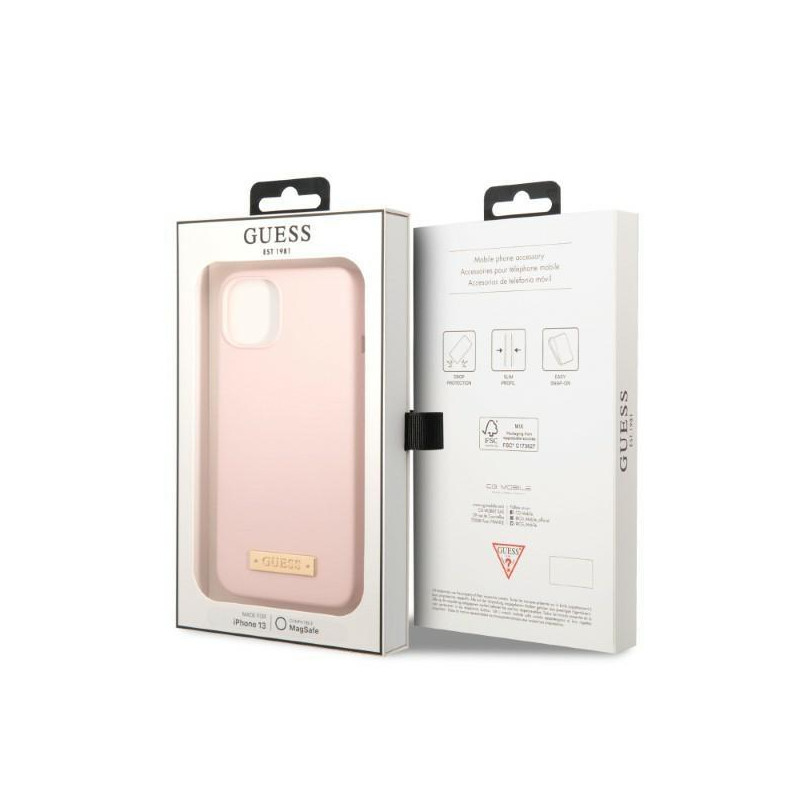 Guess Silicone Logo Plate MagSafe dėklas iPhone 13 mini - rožinis