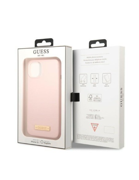 Guess Silicone Logo Plate MagSafe dėklas iPhone 13 mini - rožinis Guess Silicone Logo Plate MagSafe dėklas iPhone 13 mini - rožinis