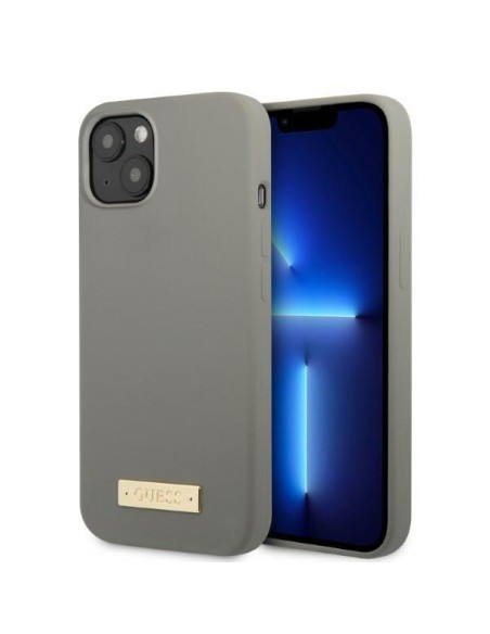 Guess Silicone Logo Plate MagSafe dėklas iPhone 13 mini - pilkas