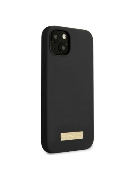 Guess Silicone Logo Plate MagSafe dėklas iPhone 13 mini - juodas Guess Silicone Logo Plate MagSafe dėklas iPhone 13 mini - juodas