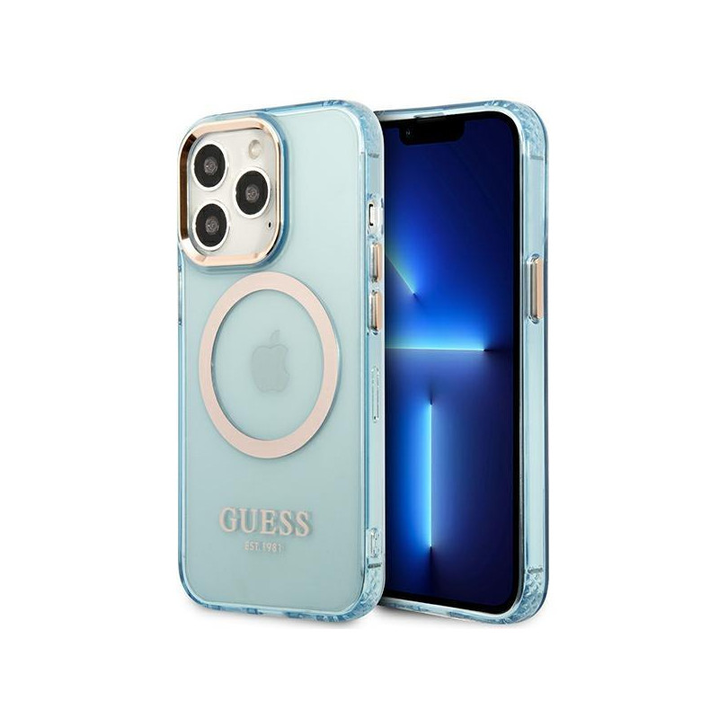 Guess Gold Outline permatomas MagSafe dėklas, skirtas iPhone 13 Pro Max – mėlynas Guess Gold Outline permatomas MagSafe dėklas, skirtas iPhone 13 Pro Max – mėlynas