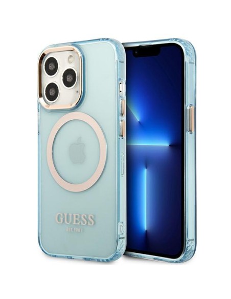 Guess Gold Outline permatomas MagSafe dėklas, skirtas iPhone 13 Pro Max – mėlynas Guess Gold Outline permatomas MagSafe dėklas, skirtas iPhone 13 Pro Max – mėlynas