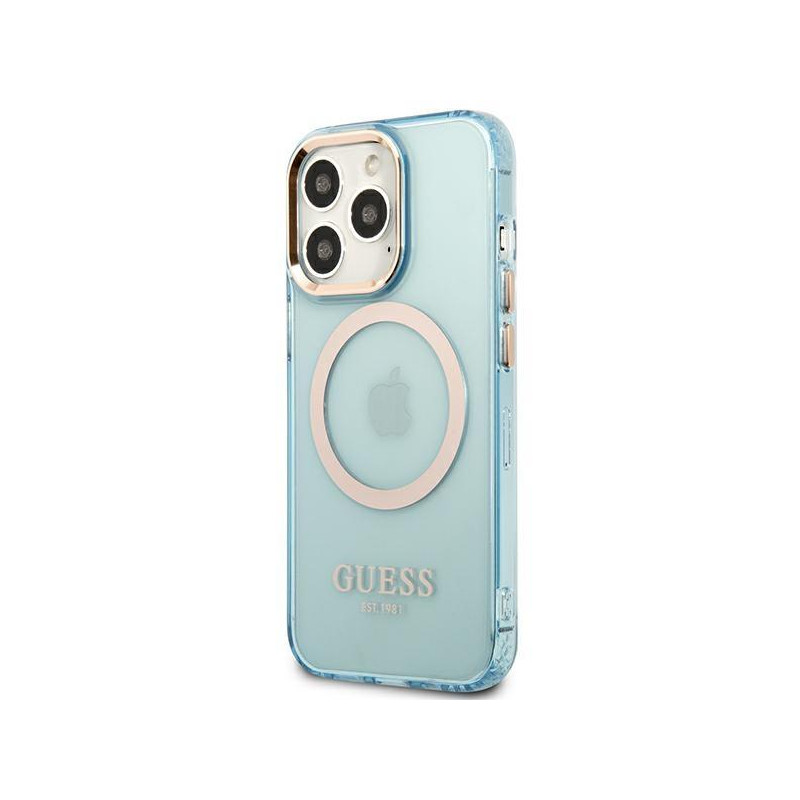Guess Gold Outline permatomas MagSafe dėklas, skirtas iPhone 13 Pro Max – mėlynas