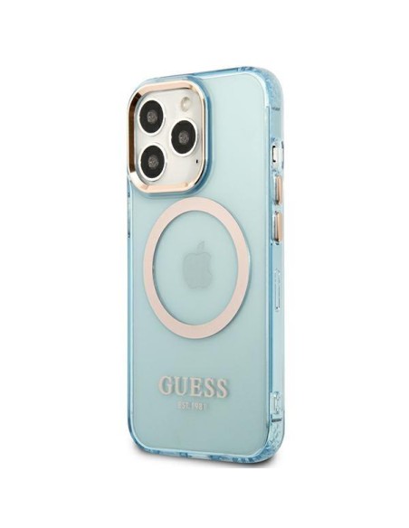 Guess Gold Outline permatomas MagSafe dėklas, skirtas iPhone 13 Pro Max – mėlynas Guess Gold Outline permatomas MagSafe dėklas, skirtas iPhone 13 Pro Max – mėlynas