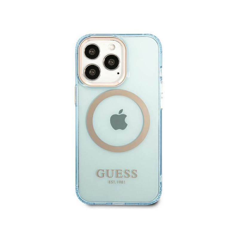 Guess Gold Outline permatomas MagSafe dėklas, skirtas iPhone 13 Pro Max – mėlynas