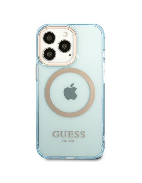 Guess Gold Outline permatomas MagSafe dėklas, skirtas iPhone 13 Pro Max – mėlynas Guess Gold Outline permatomas MagSafe dėklas, skirtas iPhone 13 Pro Max – mėlynas