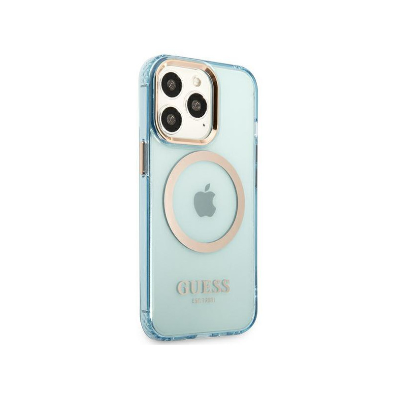 Guess Gold Outline permatomas MagSafe dėklas, skirtas iPhone 13 Pro Max – mėlynas