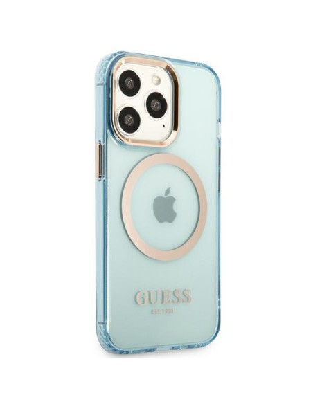 Guess Gold Outline permatomas MagSafe dėklas, skirtas iPhone 13 Pro Max – mėlynas Guess Gold Outline permatomas MagSafe dėklas, skirtas iPhone 13 Pro Max – mėlynas