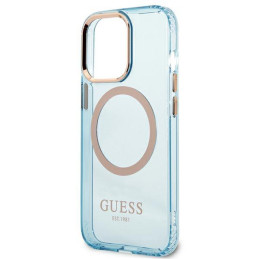 Guess Gold Outline permatomas MagSafe dėklas, skirtas iPhone 13 Pro Max – mėlynas