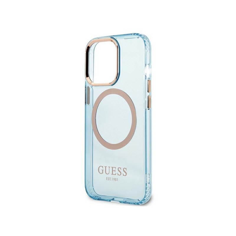 Guess Gold Outline permatomas MagSafe dėklas, skirtas iPhone 13 Pro Max – mėlynas