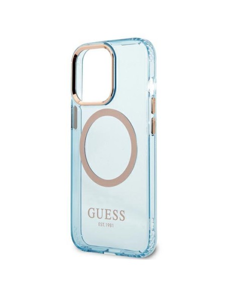 Guess Gold Outline permatomas MagSafe dėklas, skirtas iPhone 13 Pro Max – mėlynas Guess Gold Outline permatomas MagSafe dėklas, skirtas iPhone 13 Pro Max – mėlynas