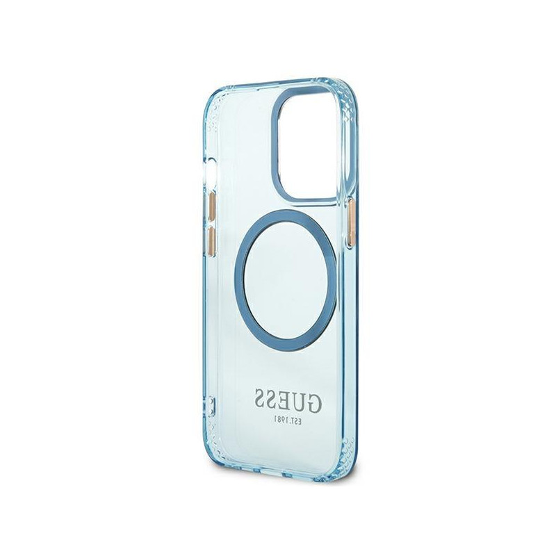 Guess Gold Outline permatomas MagSafe dėklas, skirtas iPhone 13 Pro Max – mėlynas