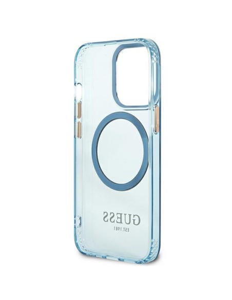 Guess Gold Outline permatomas MagSafe dėklas, skirtas iPhone 13 Pro Max – mėlynas Guess Gold Outline permatomas MagSafe dėklas, skirtas iPhone 13 Pro Max – mėlynas