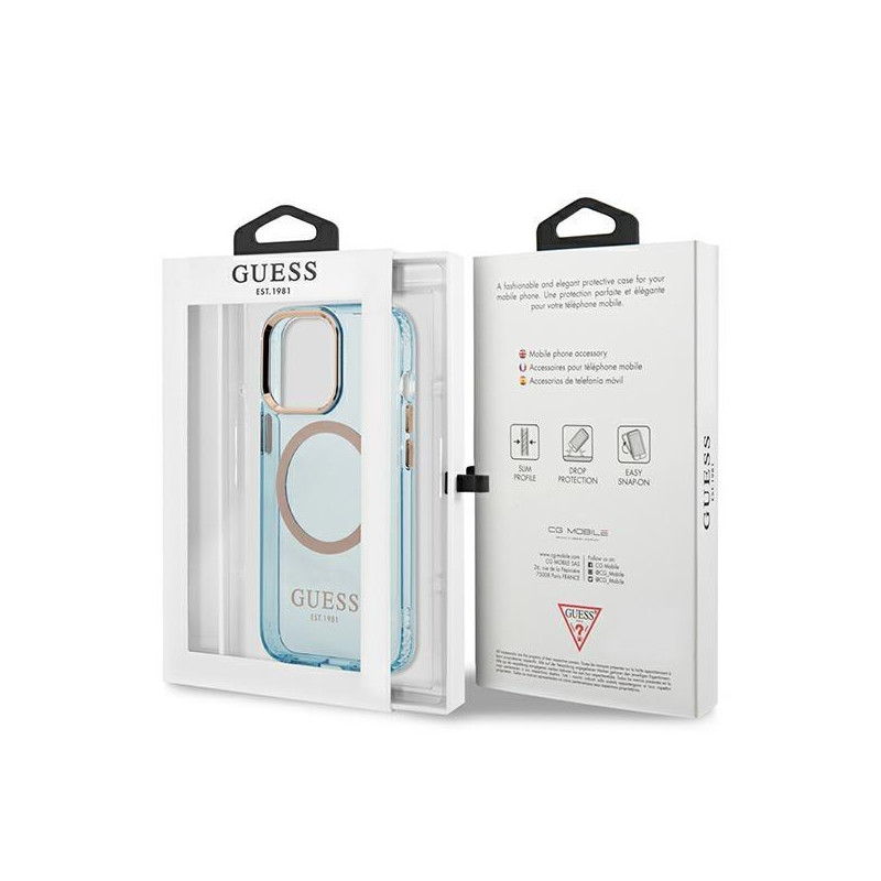 Guess Gold Outline permatomas MagSafe dėklas, skirtas iPhone 13 Pro Max – mėlynas