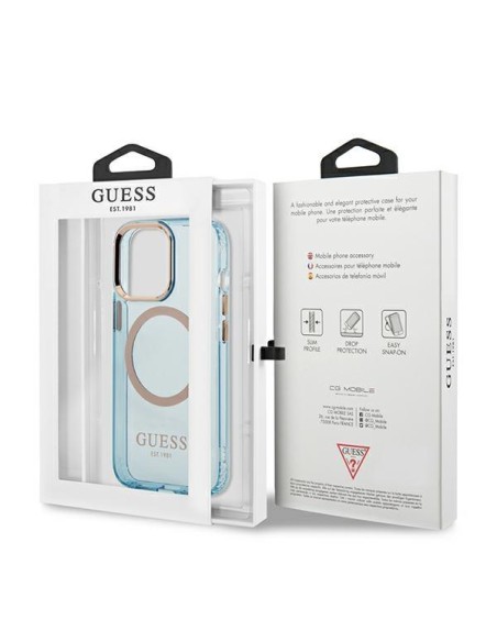 Guess Gold Outline permatomas MagSafe dėklas, skirtas iPhone 13 Pro Max – mėlynas Guess Gold Outline permatomas MagSafe dėklas, skirtas iPhone 13 Pro Max – mėlynas