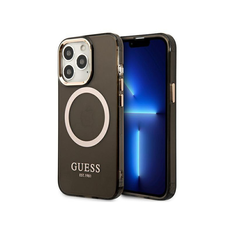 Guess Gold Outline permatomas MagSafe dėklas, skirtas iPhone 13 Pro Max - juodas Guess Gold Outline permatomas MagSafe dėklas, skirtas iPhone 13 Pro Max - juodas
